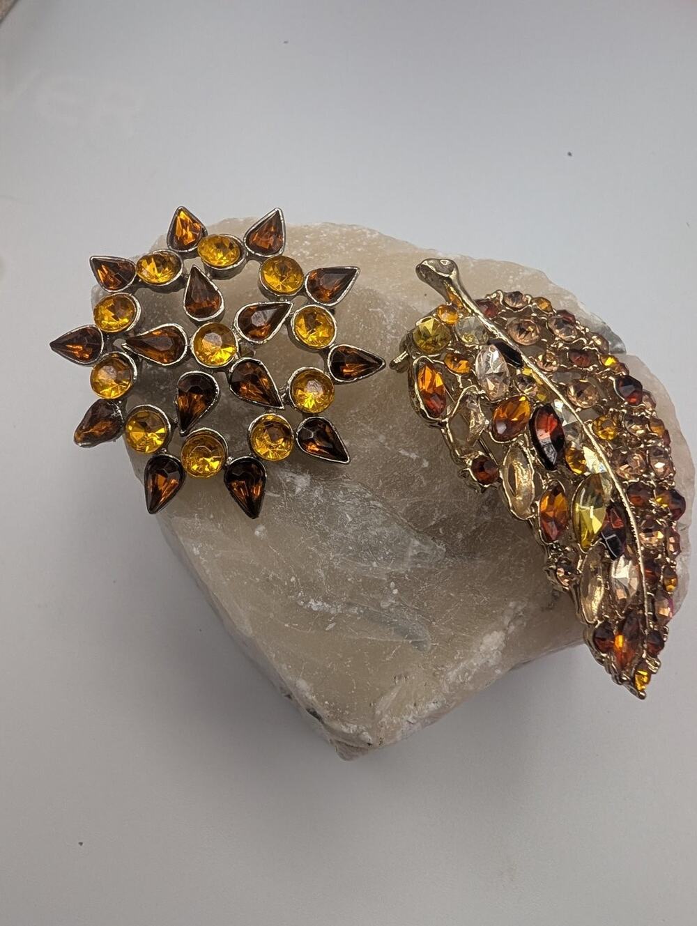 Vintage Style Rhinestone Brooch Pin Lot Leaf & Starburst Autumn Tones